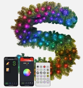9FT Pre-lit Christmas Garland Decorations with DIY Color Changing 50 Led,APP DIY - Picture 1 of 6