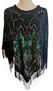 Womens One Size Poncho Shrug Cape Purple Emerald Green Tassels Estate Rich - Picture 1 of 3