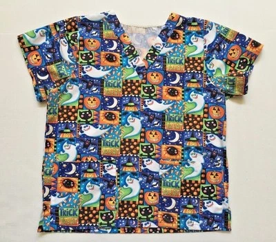Halloween Trick Or Treat Scrub Top V-neck Short Sleeve Size S/M - Image 1 of 4