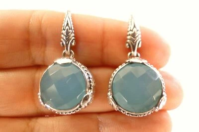 Pendientes colgantes redondos de plata de ley 925 con borde ornamentado de calcedonia azul aguamarina Foto 1 de 4