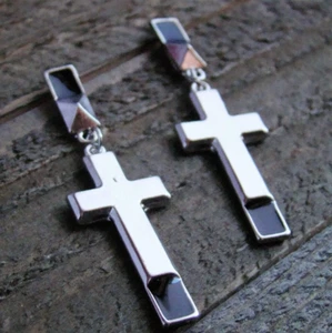 Long Earrings Cross Drop Dangle Stud Statement Jewelry Silver Tone Black Enamel - Picture 1 of 3
