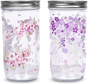 24 oz Floral Reusable Wide Mouth Mason Jar Cups With 2 Lids and Silver S 2 Pack - Picture 1 of 6