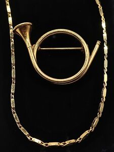 Retro Vintage Napier Jewelry Lot: French Horn Pin & 24" Linked Chain Necklace