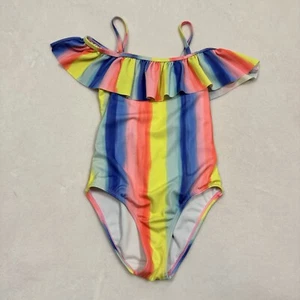 Nautica Girl 7 Small One Piece Swimsuit Neon Rainbow Stripe UV Protection Ruffle - Picture 1 of 10