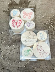 Wooden Stamp Set 2 Packs New Small 8 Total Pcs Recollection Butterflies Animals - Picture 1 of 6