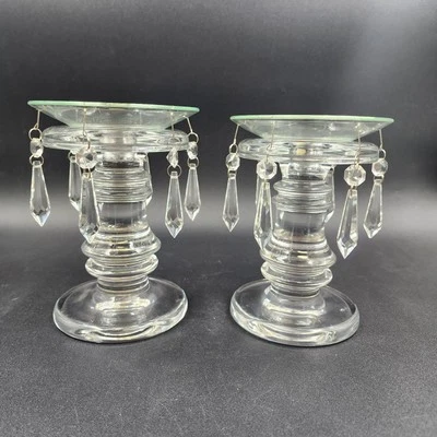 Set 2 Crystal Prisms Glass Candle Holders Bobeche Pedestal Pendalogues Rings - Image 1 of 4