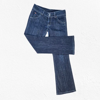 Pantalones de mezclilla Hudson lavado oscuro firma corte bota tiro bajo para mujer pierna ancha talla 28 Foto 1 de 4