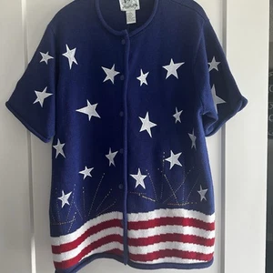 Quacker Factory Women's Patriotic Stars Stripes Button-Up Sweater NWT Large QVC - Picture 1 of 9