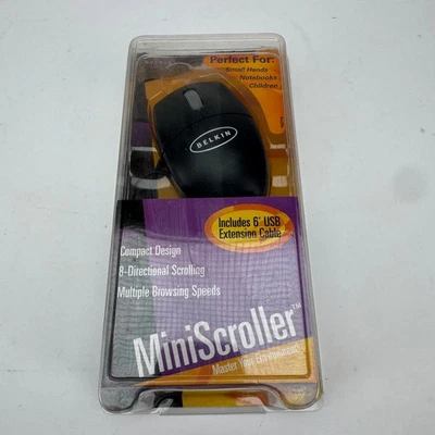 Ratón óptico Belkin MiniScroller USB F8E841-BLK-CBL nuevo sellado manos pequeñas Foto 1 de 4