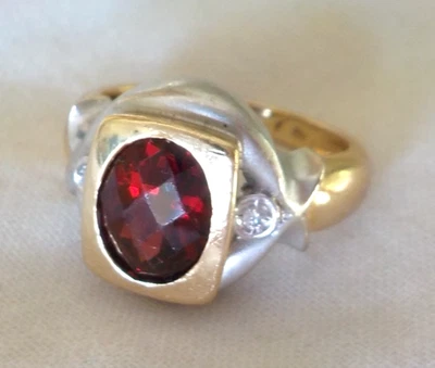 Solid 14K Multi Gold Solitaire Garnet Diamond Ring - 6.14 gms, Sz 5.75, 2.04 ctw - Image 1 of 4