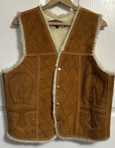Vintage 70s Leather Suede Sherpa Lined Vest Sze 42 L Cowboy Mexico Western - Picture 1 of 6