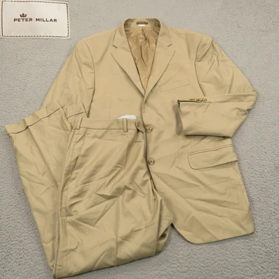 Peter Millar Suit 46R Wool Bespoke Khaki Blazer Flat Front Cuffed Trousers 36x30 - Image 1 of 4