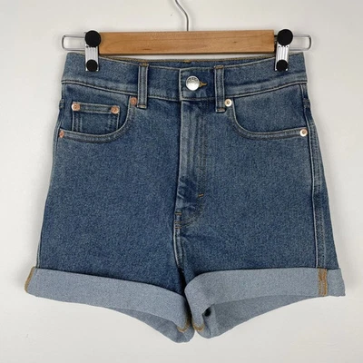 Monki High Waisted Denim Mom Shorts W25 Turn Ups Western Jean Pockets Stretch - Image 1 of 4