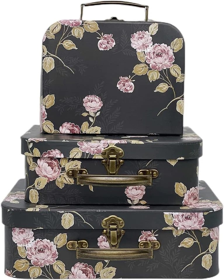 Декоративные коробки набор из 3 хранения с крышками, черные цветы  - Изображение 1 из 4