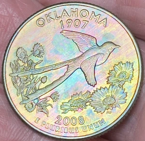 2008-D Oklahoma State Quarter Beautiful Lustrous Gold/Rainbow Toned Coin  #29 - Picture 1 of 12