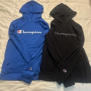 2 Champion Boy's Hooded T-Shirt Long Sleeve Lightweight Logo White Blue Black L - Picture 1 of 6