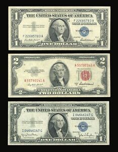 Set of Old Us Paper Money Silver Certificate, $1 1957, $1 1935, $2 1953 Red Seal