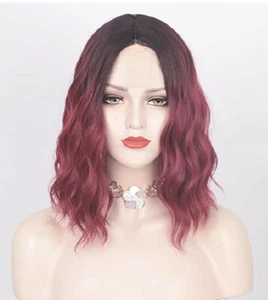 Red Wine Ombre 14 Inch Wavy Bob Human Hair Lace Front Wig with Cap - Picture 1 of 1
