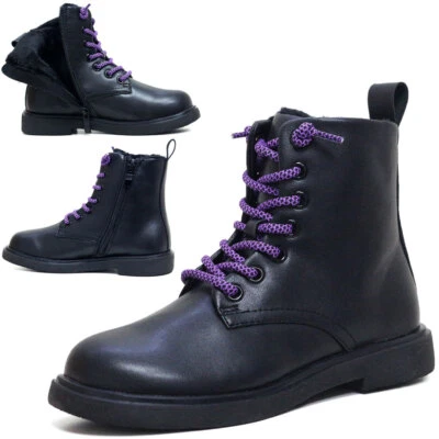 Girls Army Boots Zip Up School Winter Fur Ankle Biker Military Combat Boots Shoe - Image 1 of 4