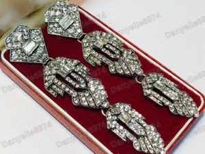 PENDIENTES COLGANTES DE CRISTAL geométricos ART DECO 4" de largo vintage plata estrás ESTUDS - Imagen 1 de 12