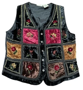 BLACK VELVET EMBROIDERED VEST SZ MEDIUM FLORALS HOLIDAY FALL WINTER WOMENS - Picture 1 of 4