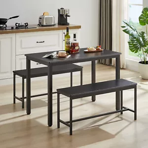 3 Pieces Dining Table Set Kitchen Breakfast Table Counter Height 2 Benches Black - Picture 1 of 11
