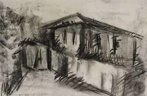 Vintage pastel drawing big old house with yard landscape - Picture 1 of 9