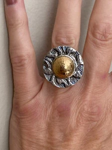 Anillo Antiguo Orgánico Diseño Sol Inspirado en Azteca Plata 925/9KT Talla 8 - Imagen 1 de 5