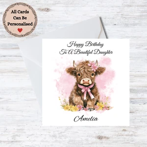 Handgefertigte personalisierte Geburtstagskarte Tochter - Highland Cow individueller Name (E193) - Bild 1 von 1