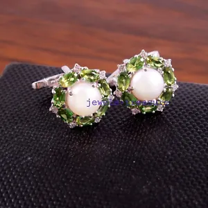 Natural Peridot & Pearl Gemstones 925 Sterling Silver Cufflinks For Men's #J44 - Picture 1 of 6