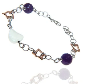 bracciale cavigliera argento 925 agata bianca ametista viola naturali donna XXL - Foto 1 di 3