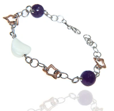 bracciale cavigliera argento 925 agata bianca ametista viola naturali donna XXL - Immagine 1 di 3