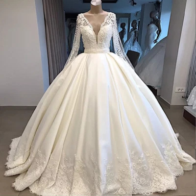 Princess Wedding Dresses Satin Long Sleeves Lace V Neck A Line Bridal Gowns - Image 1 of 4