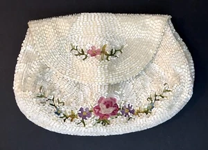 Vintage Beaded & Floral Embroidered Clutch Wristlet Handbag Button Loop Closure - Picture 1 of 9
