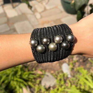 Vintage Genuine Tahitian Black Gray Pearl Cuff Bangle Bracelet Stretch Designer - Picture 1 of 7