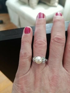 Anello in argento sterling RJ 925 con perle coltivate e cristalli misura 6,5 splendido dettaglio! - Foto 1 di 7