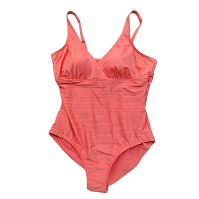 Lands End Women's Ribbed V-Neck One Piece Swimsuit Coral Pink 551680 XL 18 NEW - Image 1 of 4