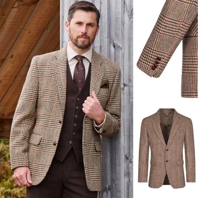 Traje marrón pata de gallo para hombre chaqueta de un solo pecho muesca solapa negocios clásico Foto 1 de 3