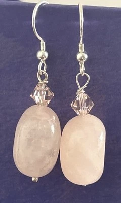 Pendientes colgantes artesanales de plata de ley cuarzo rosa Foto 1 de 4