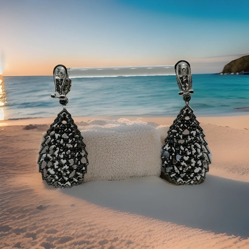 PENDIENTES COLGANTES LÁGRIMA RODIO ESPINELA NEGRA REDONDA 10,38 CTW Foto 1 de 4