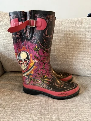 Botas de chuva femininas Ed Hardy tamanho 8 Love Kills Slowly Y2K grunge caveiras coloridas - Imagem 1 de 4