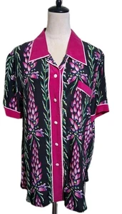 Bob Mackie Colorful Floral Leis Fuchsia Trim Black Silk Button Blouse SZ Large - Picture 1 of 15