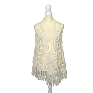 Vintage 100% Acrylic Hand Crocheted Ivory Colored Knit Shawl W/ Fringe One Size - Picture 1 of 14