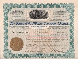 1904 - Gold Stock Mining Cert. VENUS GOLD MINING Co - 5000 Shares - California - Bild 1 von 3