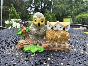 Vintage Ceramic Owls On A Log Figurine Signed on Bottom Branch 1986 Hand Painted - Picture 1 of 8