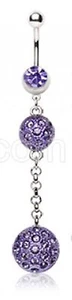 Belly Ring Fancy Balls w/Purple Gems Long Dangle Naval Steel - Picture 1 of 3