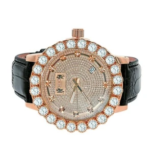 Rose Gold 2 Tone Watch Solitaire Bezel Real Diamonds Leather Strap Band W/Date - Picture 1 of 2