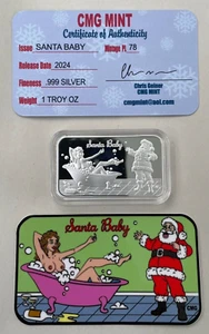 CMG Mint Naughty Santa Baby 1 Oz .999 Silver Art Bar Limited Mintage 78 W/ COA - Picture 1 of 1