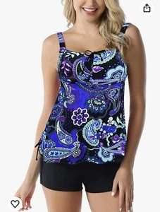 Septangle Women Plus Size Bathing Suits Paisley Print Two Piece Swimsuit Tankini - Picture 1 of 13