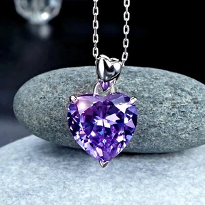 Sterling Silver Heart Pendant Necklace with 5 Carat Purple Created Diamond - Picture 1 of 8